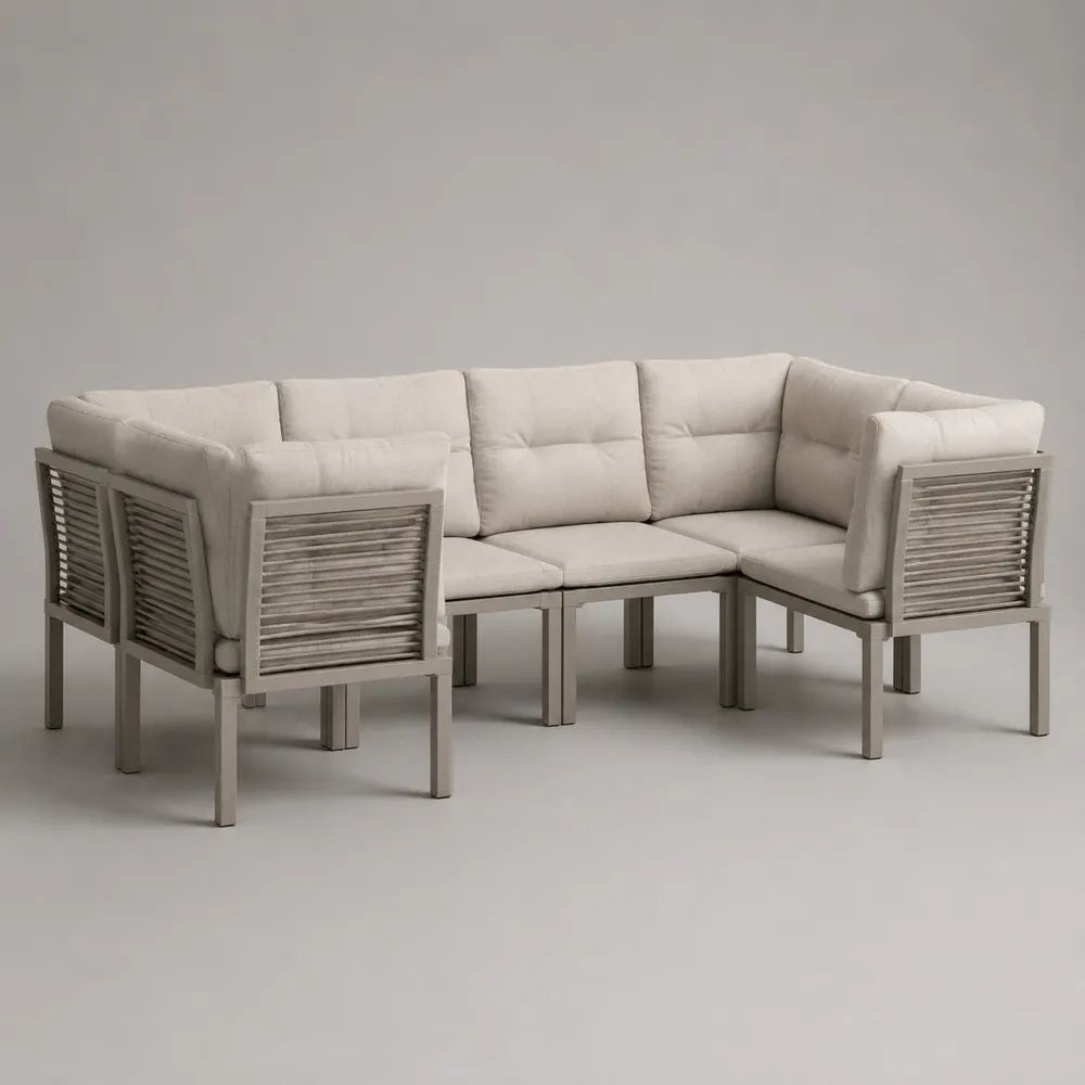 Modulare Gartensofa-Eckgarnitur, 5-Sitzer aus Aluminium und PE-Seilgeflecht, Beige/Taupe, 250 × 190 × 82 cm