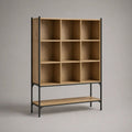 Bücherregal aus MDF und Stahl mit 9 Fächern und Ablage, Eiche Natur/Schwarz, 100 × 35 × 160 cm