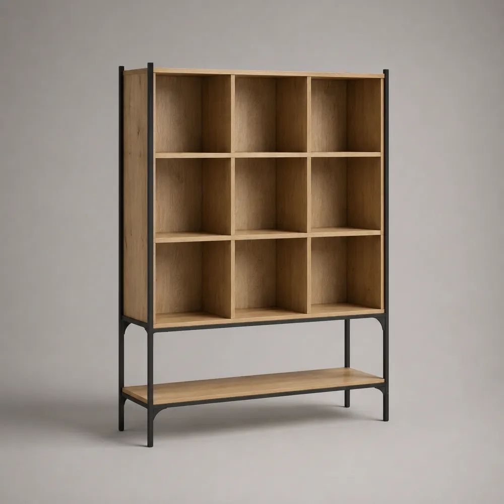 Bücherregal aus MDF und Stahl mit 9 Fächern und Ablage, Eiche Natur/Schwarz, 100 × 35 × 160 cm