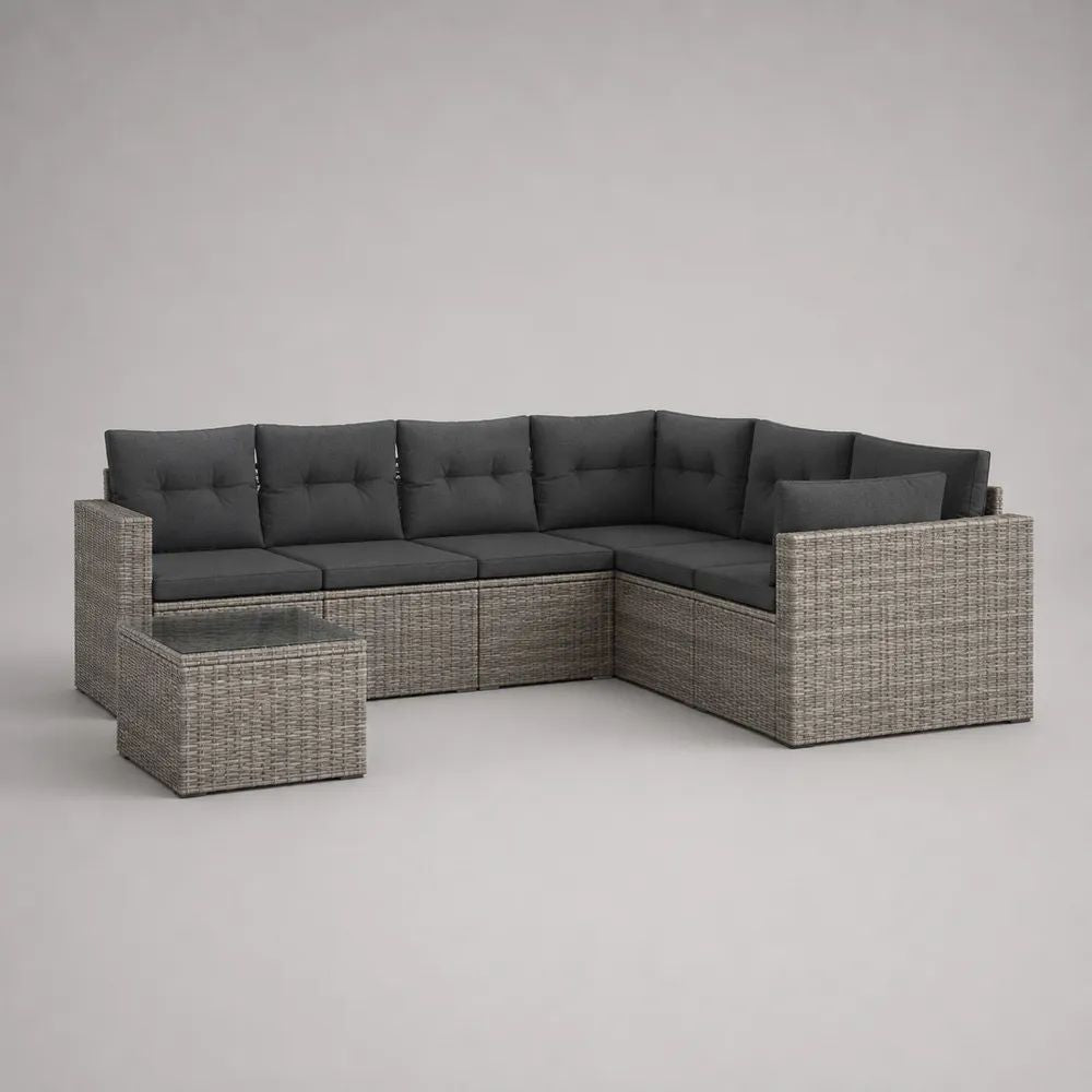 Garten-Lounge-Set mit 5-Sitzer-Ecksofa und Beistelltisch aus PE-Rattan und Stahl, L-förmig, Grau/Dunkelgrau, 260 × 195 × 73 cm