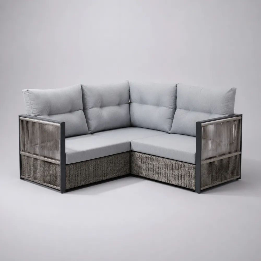 Gartenecksofa 2-teilig aus PE-Rattan und pulverbeschichtetem Stahl mit 6 Polyesterkissen, L-Form, Hellgrau/Grau/Anthrazit, 190 × 190 × 78 cm