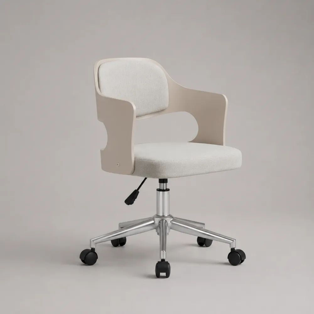 Höhenverstellbarer Bürostuhl mit Armlehnen und abgerundeter Rückenlehne, Polyester, Formholz und Aluminium, Creme/Beige/Silber, 60 × 60 × 78–88 cm
