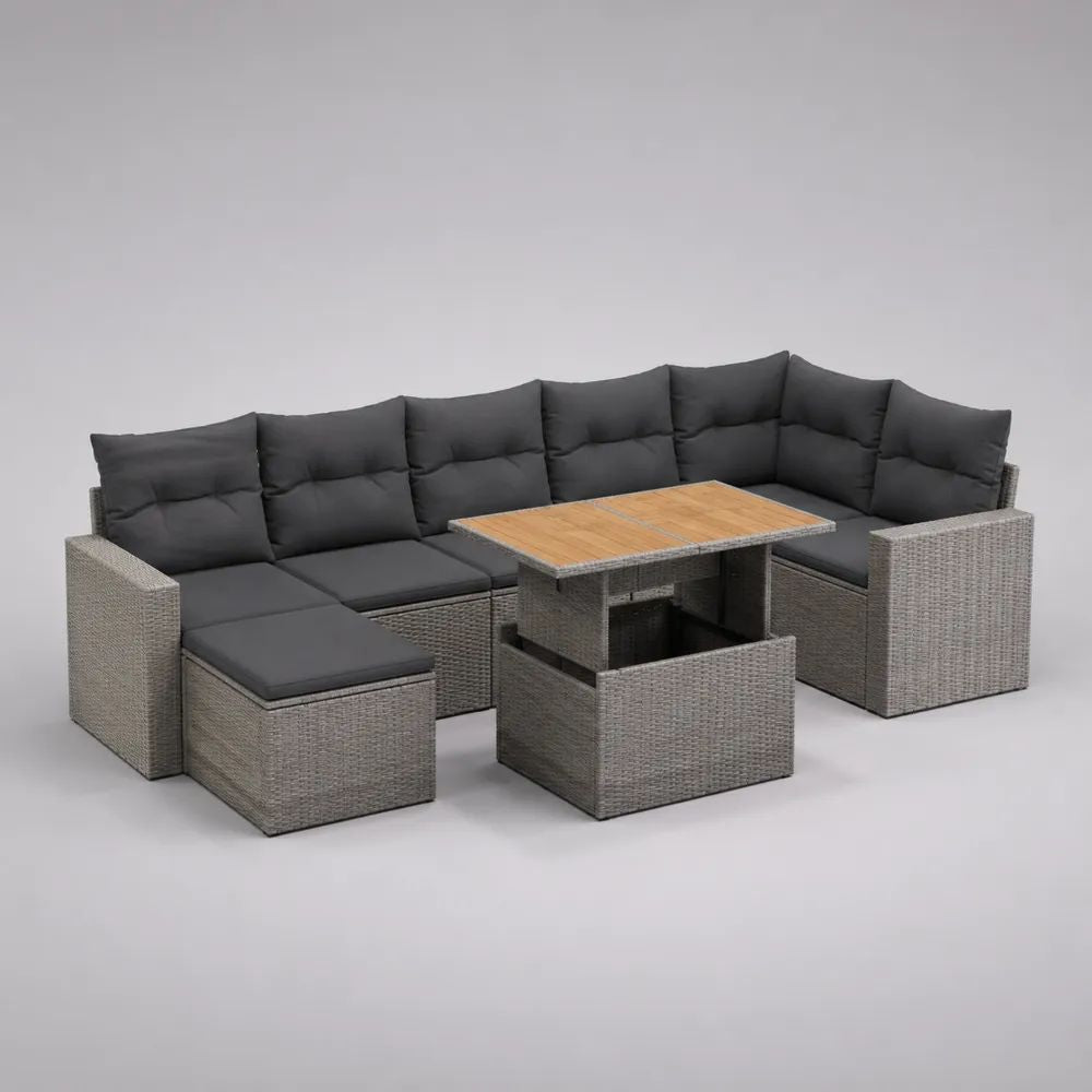 4-teiliges Gartenlounge-Set aus PE-Rattan und Akazienholz mit Ecksofa 238 × 180 × 86 cm, Tisch 120 × 70 × 68 cm und 2 Hockern, Grau/Anthrazit/Naturbraun