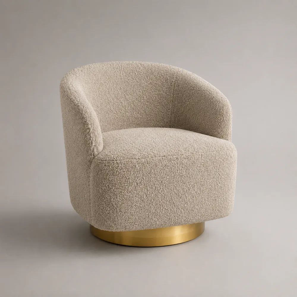 Drehsessel mit Bouclé-Bezug aus Polyester und rundem Stahlfuß, Creme/Gold, 76 × 75 × 78 cm