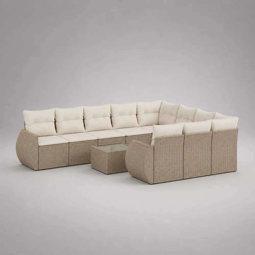 11-teiliges Garten-Lounge-Set in U-Form aus PE-Polyrattan mit Stahlgestell und Glastisch, Beige/Creme, 330 × 240 × 75 cm