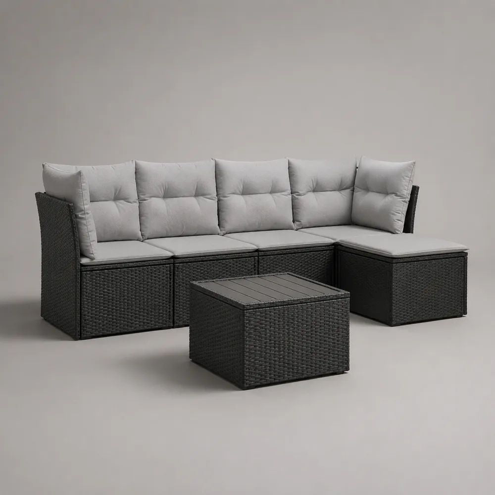 5-teiliges Gartensofa-Set aus PE-Polyrattan, Stahl und Polyester, L-Form, Schwarz/Grau, 245 x 130 x 74 cm, Tisch 60 x 60 x 42 cm