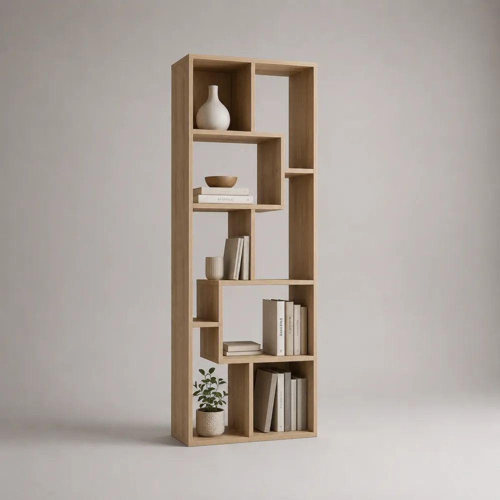 Asymmetrisches Bücherregal und Raumteiler aus Spanplatte, Natur, 60 × 24 × 180 cm