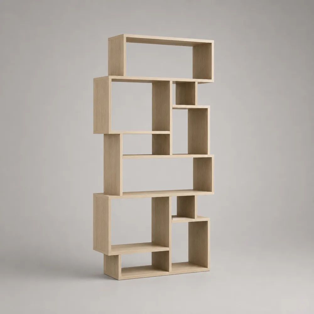 Asymmetrisches Bücherregal und Raumteiler aus melaminbeschichteter Spanplatte, Eiche hell, 90 × 25 × 180 cm