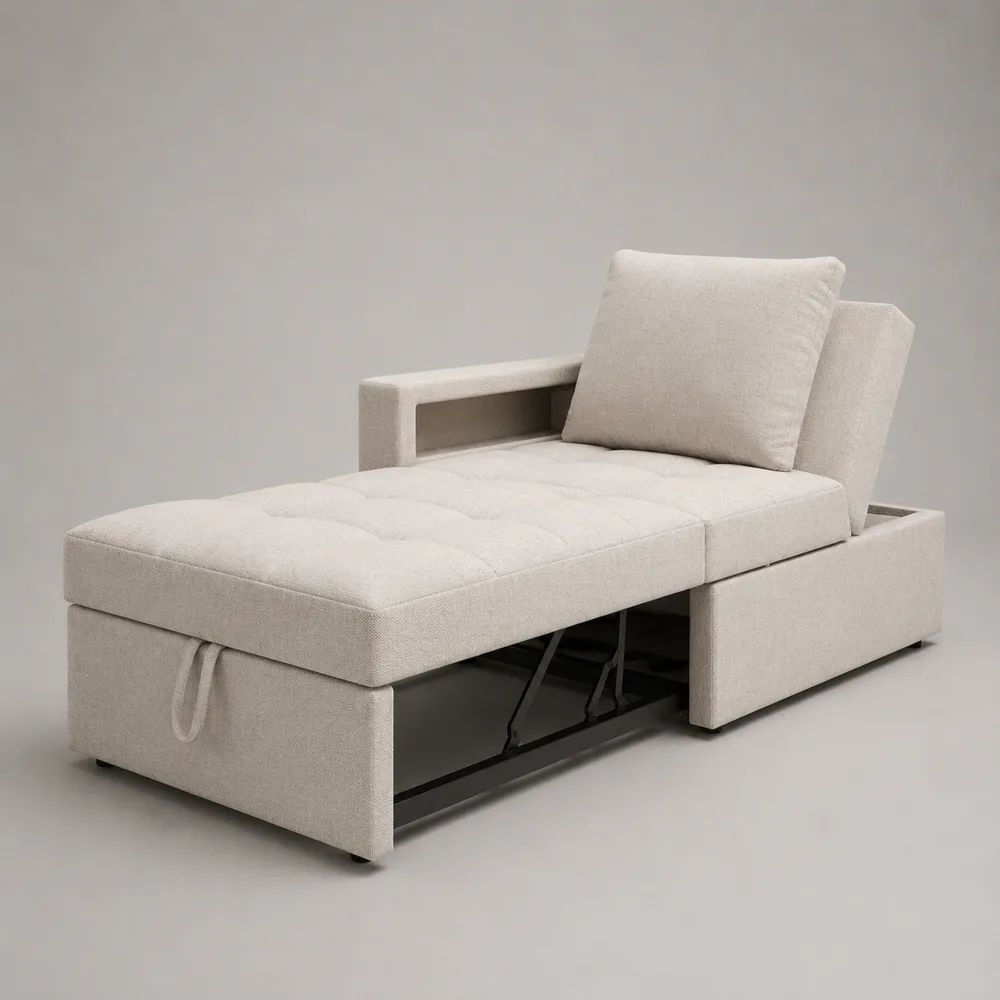 Schlafsessel mit Ausziehfunktion, Stoffbezug und Metallgestell, Beige/Schwarz, 94 × 92 × 84 cm, ausgezogen 94 × 190 × 84 cm