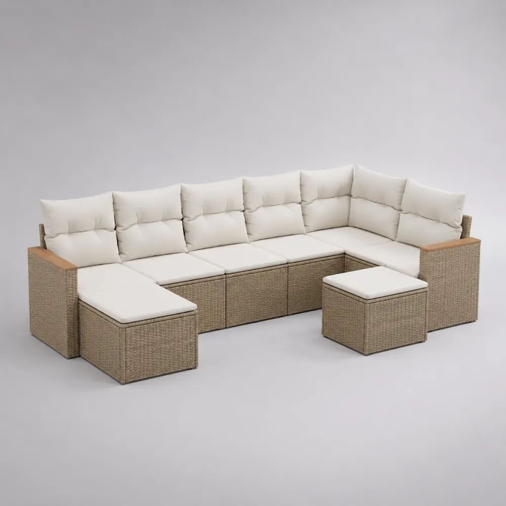 8-teilige Gartensofa-Sitzgruppe aus PE-Polyrattan und Stahl mit Hocker, U-Form, Hellbraun/Creme, ca. 300 x 220 x 80 cm