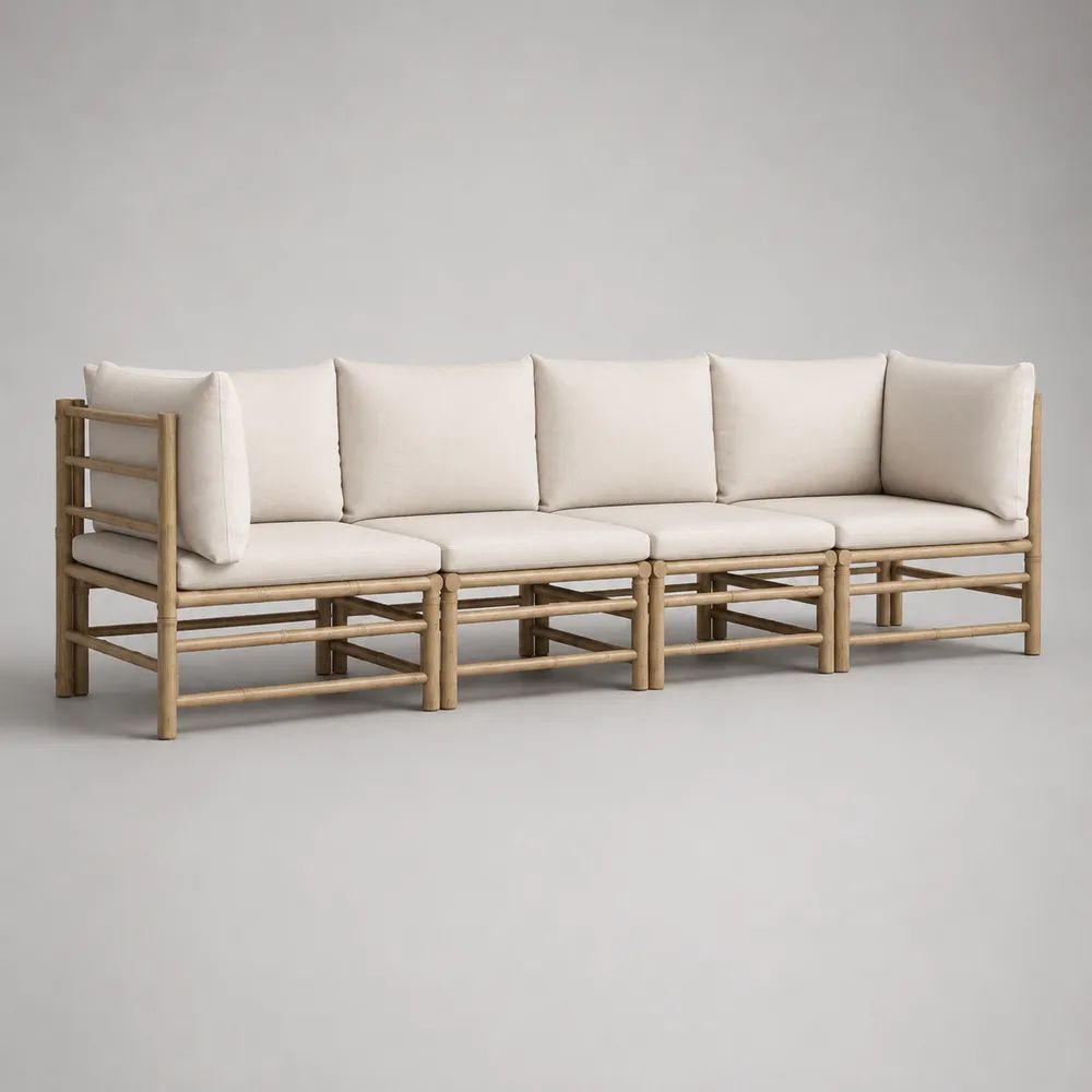 Modulares 4-Sitzer-Gartensofa aus massivem Bambus mit Polyesterpolstern, Beige/Natur, 280 × 80 × 78 cm