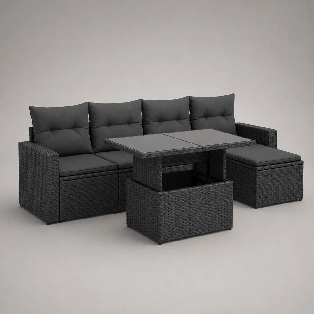 4-teiliges Gartenmöbel-Set aus PE-Rattan und Stahl in Schwarz/Anthrazit, 4-Sitzer-Sofa 232 x 70 x 73 cm, Tisch 130 x 70 x 68 cm und 2 Hocker 65 x 65 x 41 cm