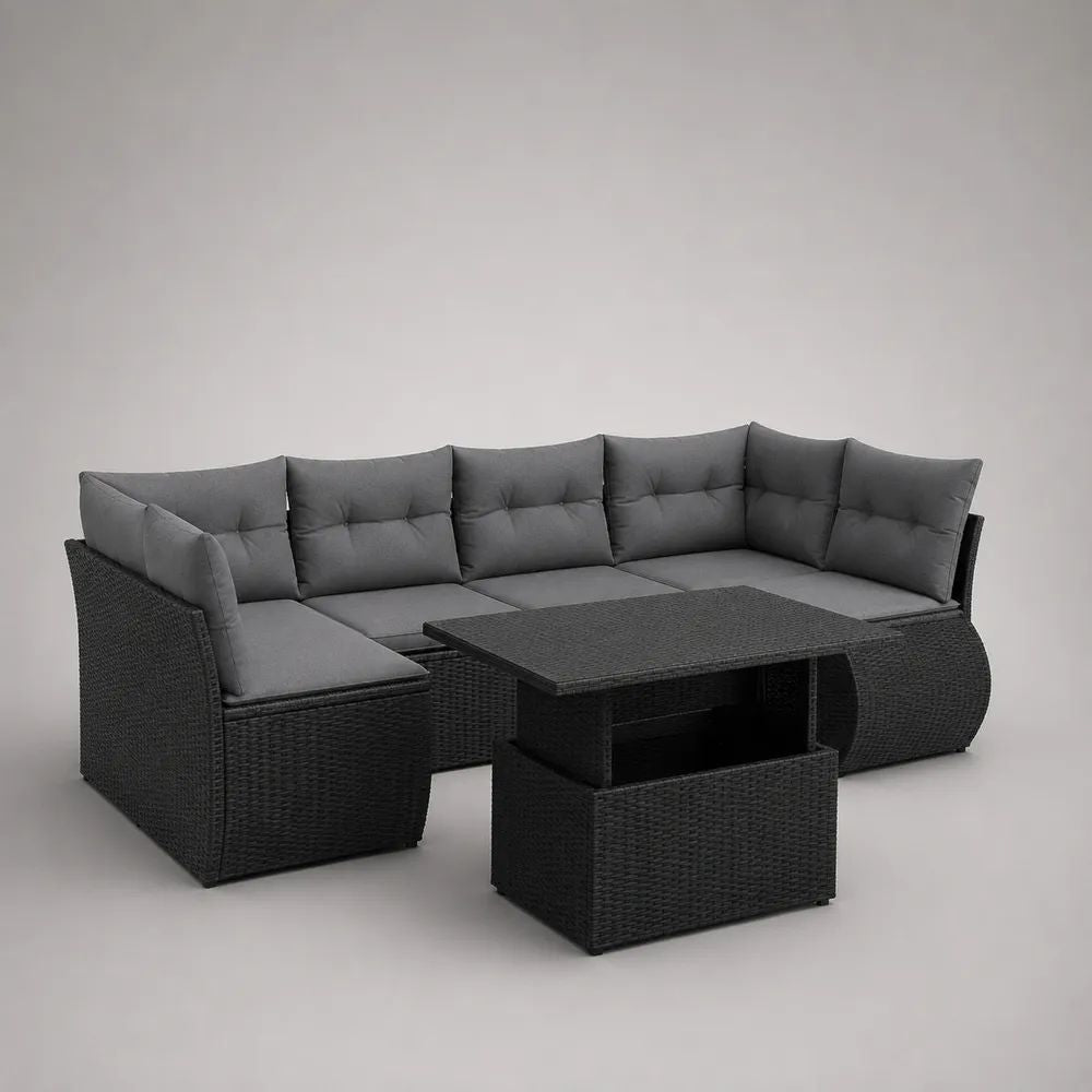 L-förmiges Garten-Lounge-Set aus PE-Rattan mit Polstern und Stauraumtisch, Schwarz/Dunkelgrau, 240 × 180 × 75 cm