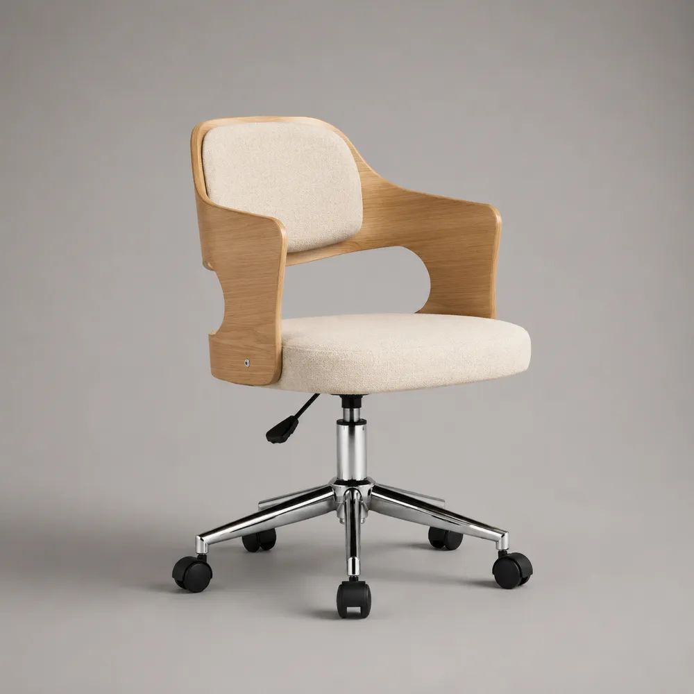 Höhenverstellbarer Bürostuhl mit Armlehnen, Stoff, Holz und Metall, Creme/Natur/Chrom, ca. 60 × 60 × 78–88 cm
