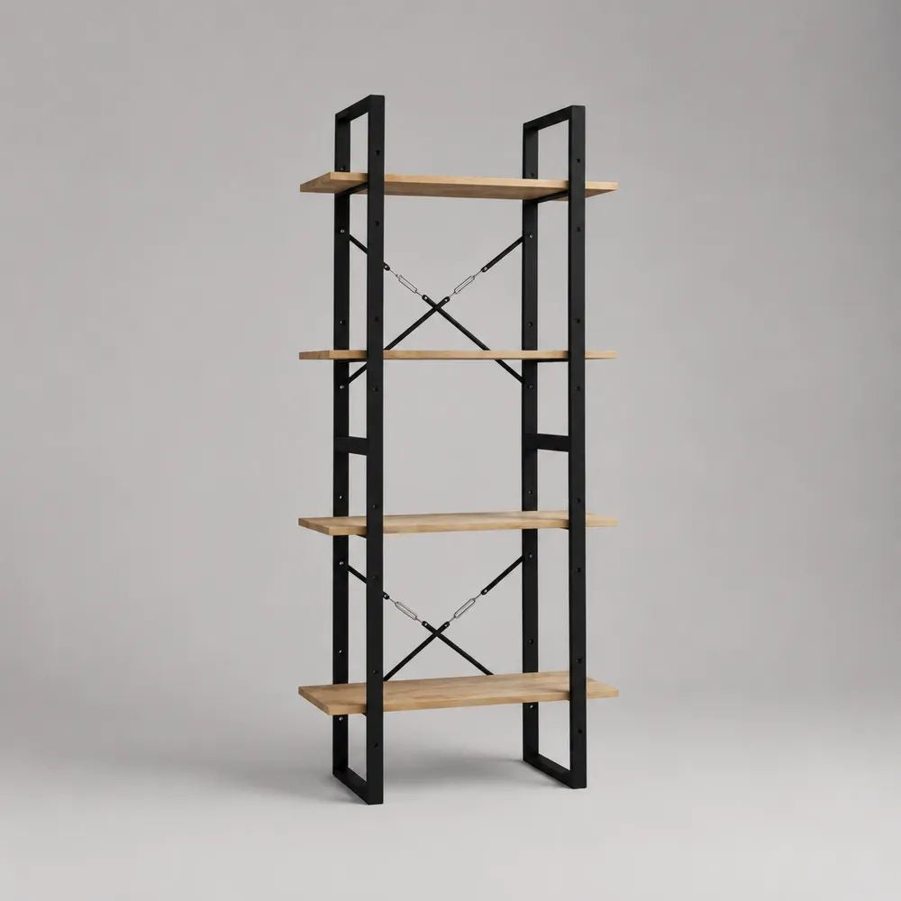 Bücherregal Standregal aus Holz und Stahl mit 4 Ablagen, Natur/Schwarz, 80 x 30 x 180 cm