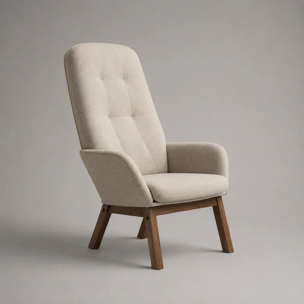 Wohnzimmersessel mit hoher Rückenlehne aus Polyester-Bouclé und Massivholz, Creme/Braun, 73 × 82 × 103 cm