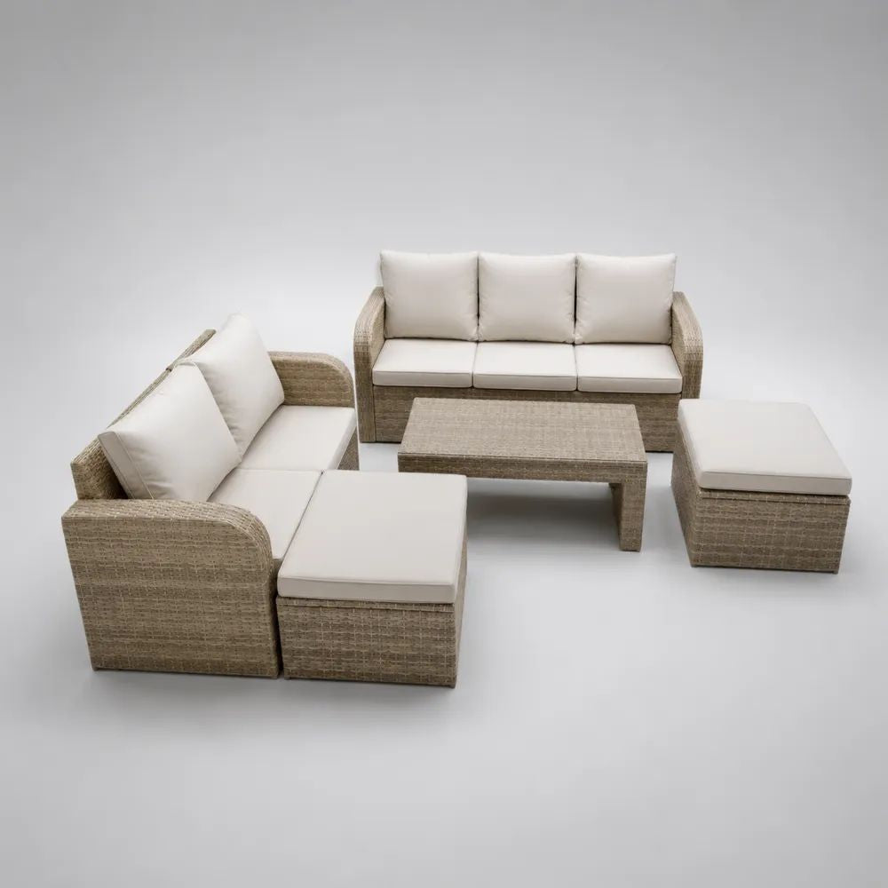 Garten-Loungeset 5-teilig aus PE-Rattan, Beige/Creme, mit 3-Sitzer 205 × 75 × 80 cm