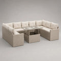6-teilige Garten-Loungegruppe aus PE-Rattan und Metall mit Esstisch, 2 Hockern und Kissen, U-Form, Beige/Cremeweiß, 282 × 220 × 76 cm