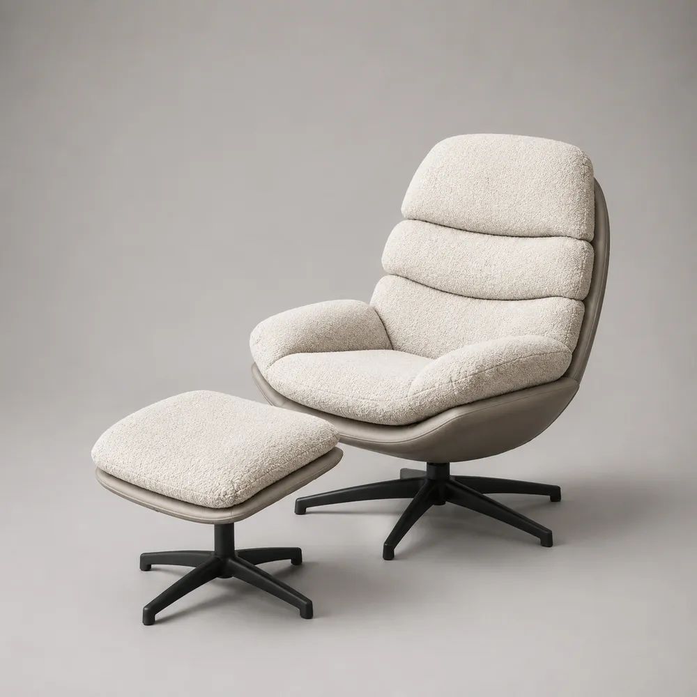 Drehsessel mit Fußhocker, 2-teilig, Polyester-Bouclé und PU-Kunstleder, Cremeweiß/Taupe, Sessel 78 × 84 × 100 cm, Hocker 56 × 45 × 41 cm