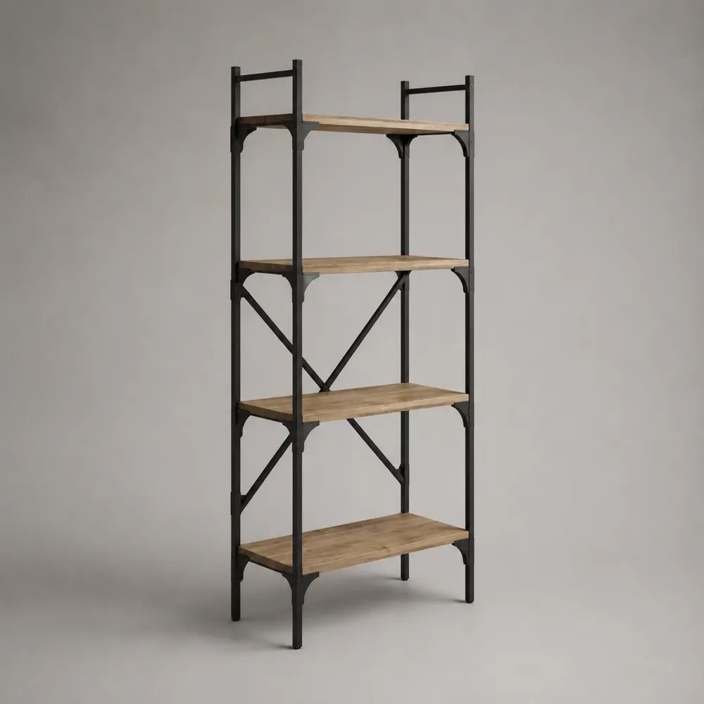 Bücherregal mit 4 Ablagen aus Stahl und Spanplatte, Naturfarben/Schwarz, 80 × 35 × 180 cm