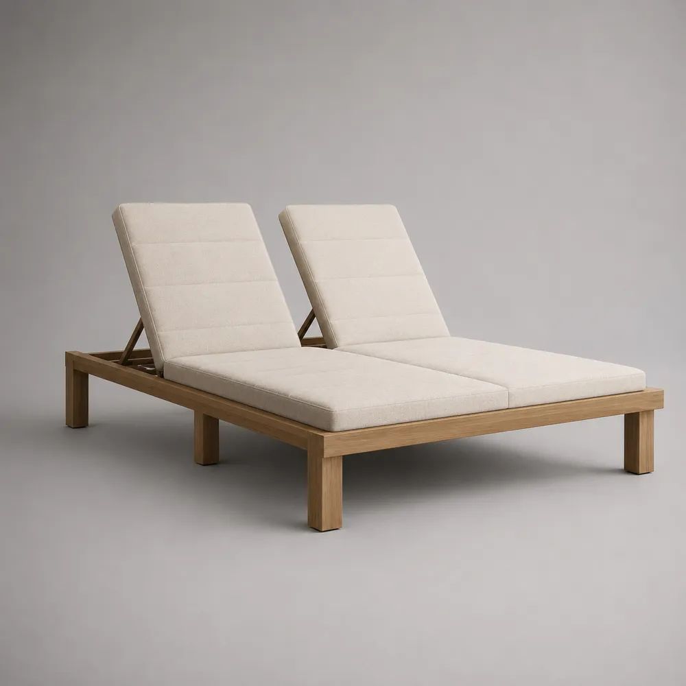 3-teilige Doppel-Gartenliege für 2 Personen aus geöltem Akazien-Massivholz mit verstellbaren Rückenlehnen, Naturbraun/Creme, 200 × 160 × 90 cm