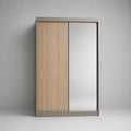 Kleiderschrank aus Spanplatte mit 2 Schiebetüren und Spiegel, Eiche Natur/Grau, 120 × 60 × 200 cm