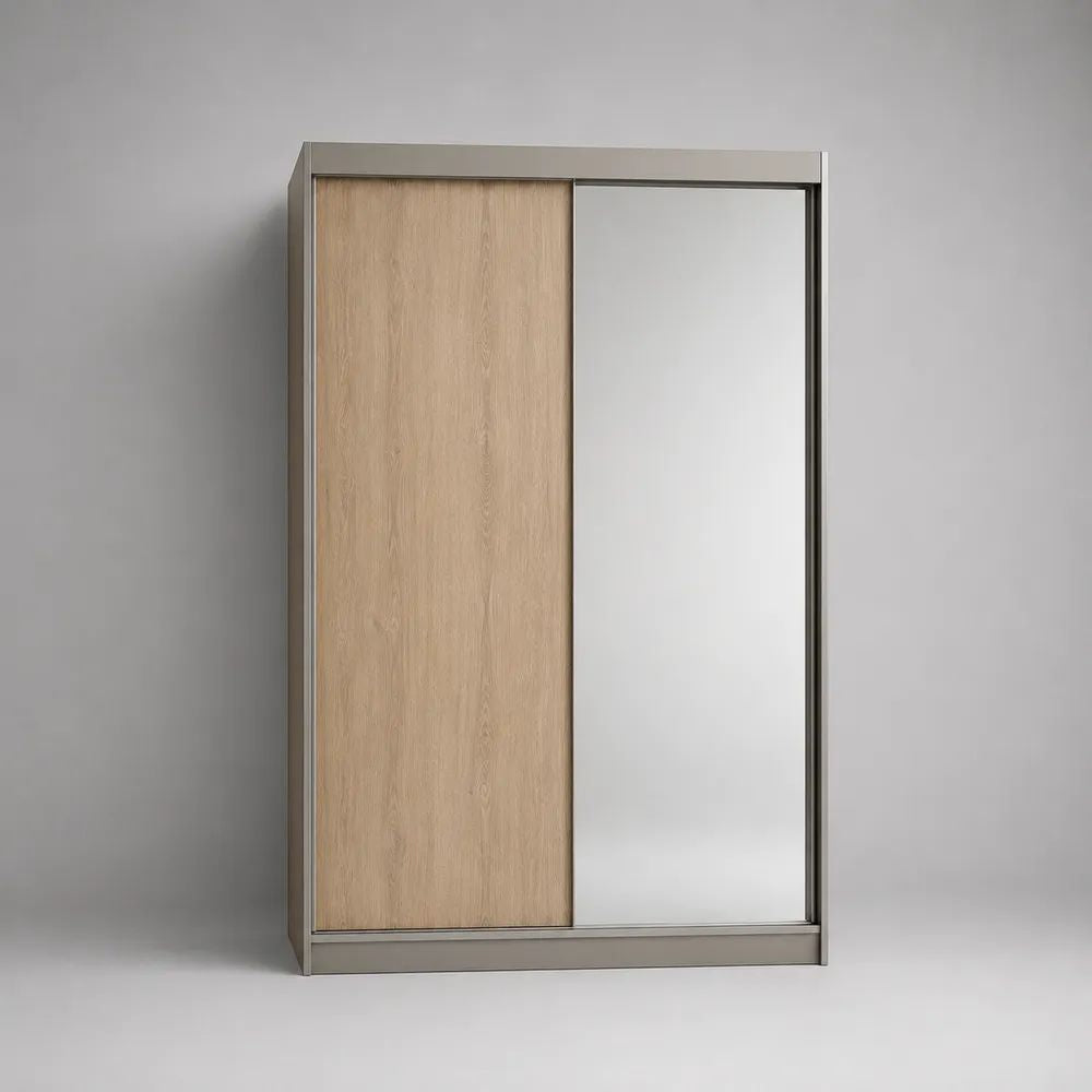 Kleiderschrank aus Spanplatte mit 2 Schiebetüren und Spiegel, Eiche Natur/Grau, 120 × 60 × 200 cm