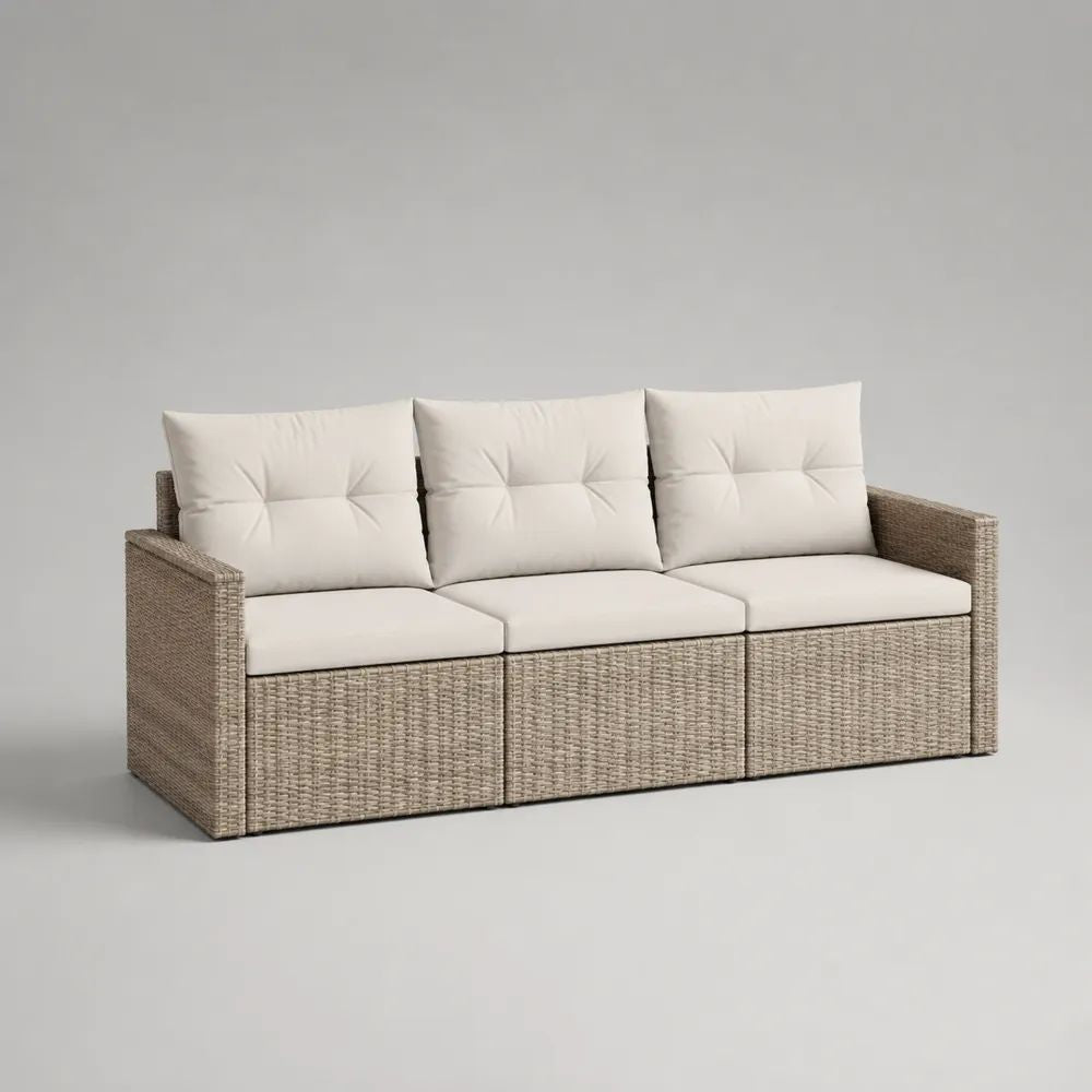 Gartensofa 3-Sitzer aus PE-Rattan mit Stahlrahmen und Polyesterkissen, Beige/Cremeweiß, 190 × 70 × 75 cm
