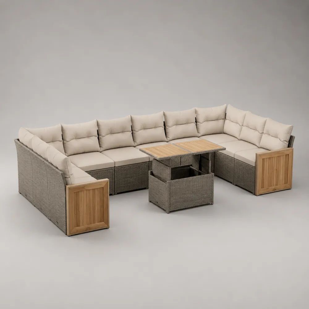 U-förmiges Gartensofa-Set aus PE-Rattan und Akazienholz, Grau/Beige/Naturbraun, 270 × 210 × 78 cm, mit höhenverstellbarem Tisch